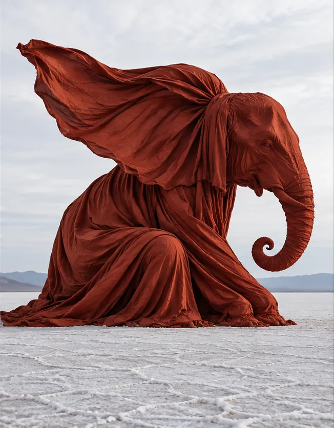 A billowing rust-red cloth takes the shape of an elephant, its trunk curled, on a pale salt flat under a wide sky.