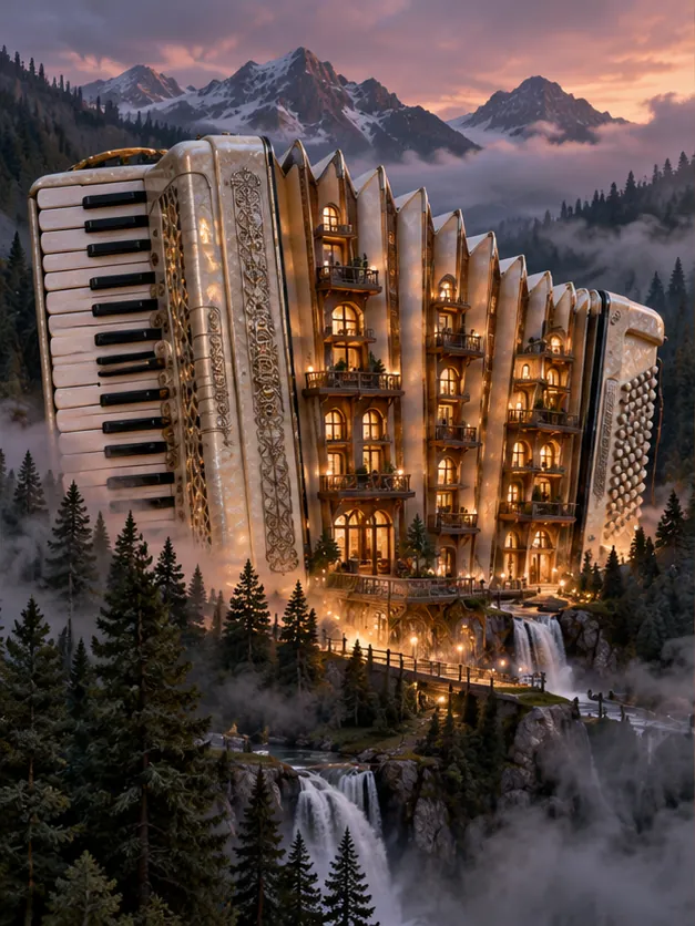 A grand hotel built into an accordion stands among mountain pines and waterfalls, every window lit. Rooms expand and contract nightly.