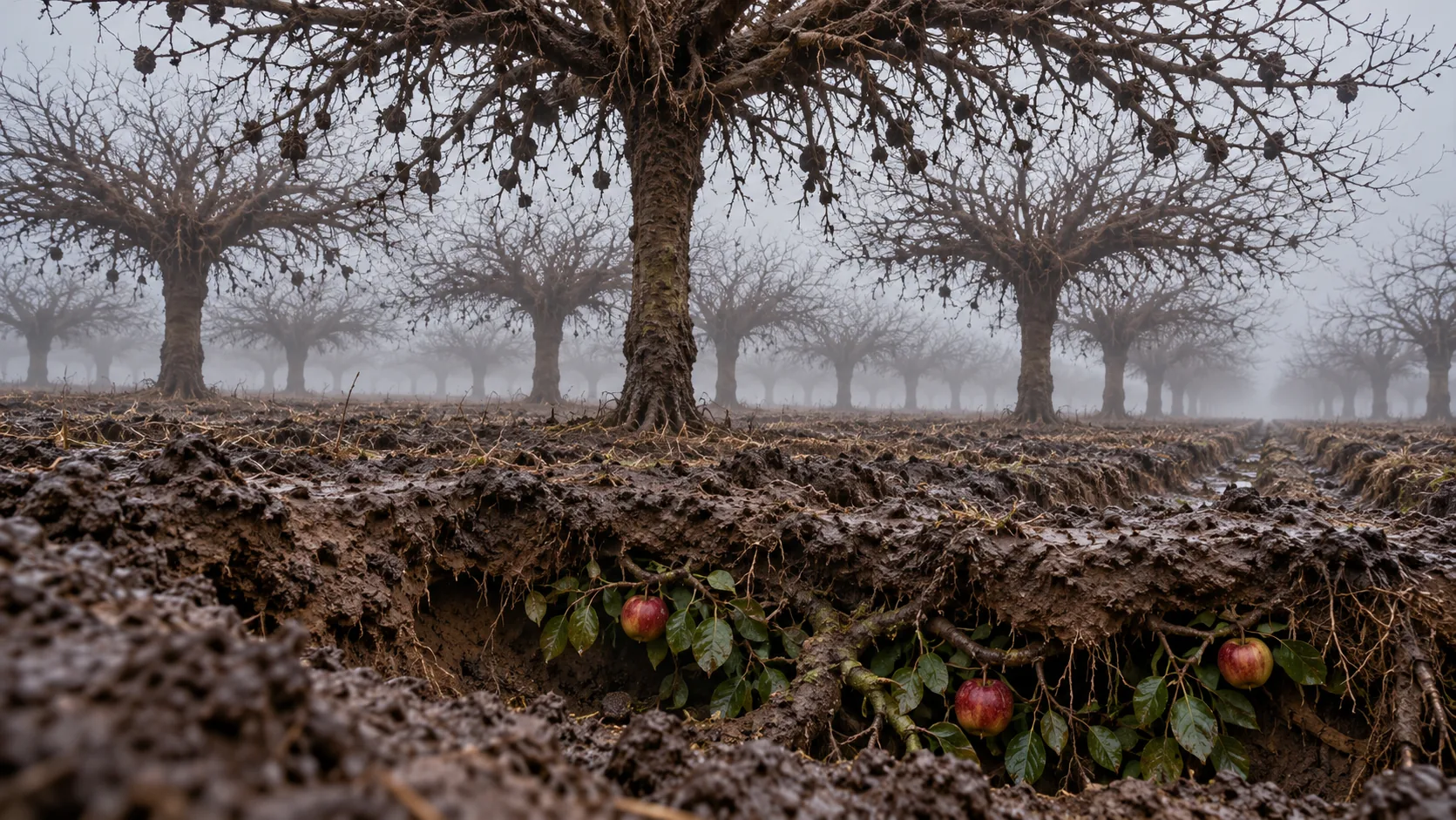 In a foggy orchard the bare trees hold their roots up like branches, and the apples grow underground in a cut-away bank of earth. Harvest needs a spade.