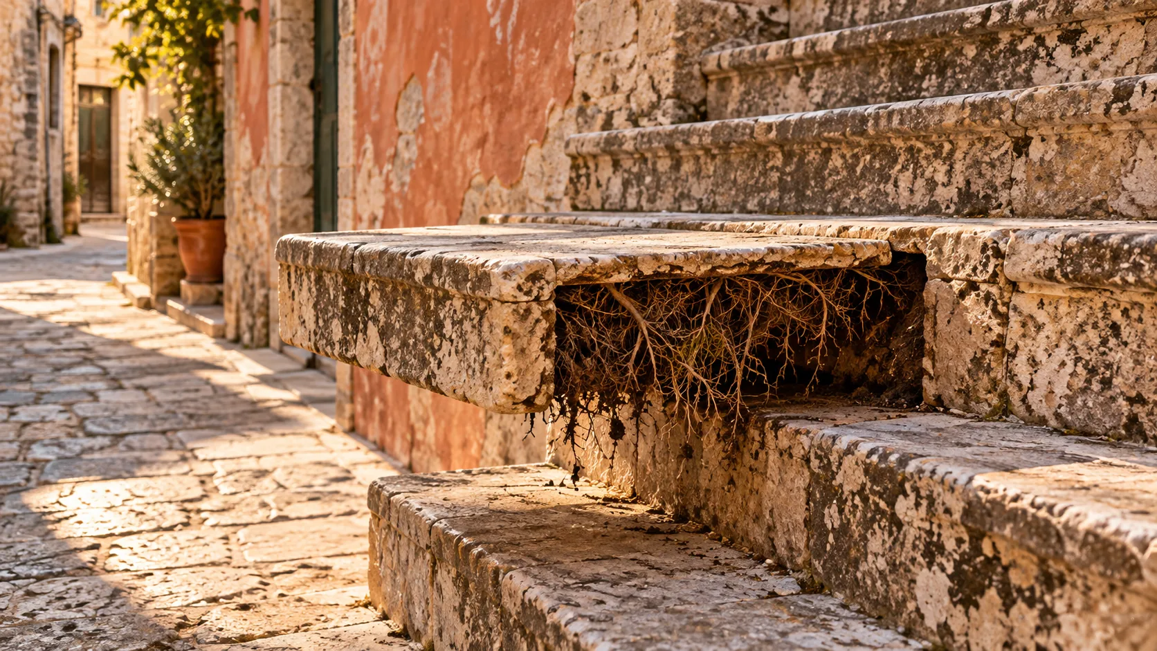 Worn stone steps in a sunny old lane have one tread missing its middle, and in the gap a dense tangle of roots holds the shape of the step. The repair is organic.
