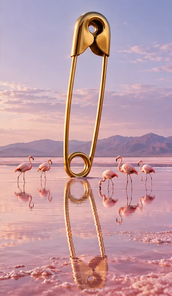 A gold safety pin the size of a monument stands in a pink salt lake among flamingos. Nobody has asked what it is fastening.