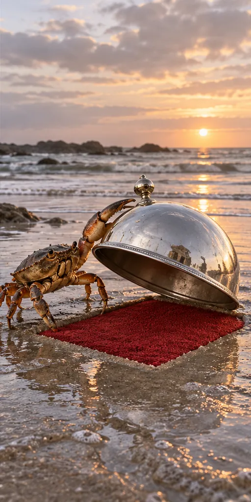 On a wet beach at sunset, a crab lifts a silver serving dome off a small red rug as if unveiling dinner. Presentation is everything, even at low tide.