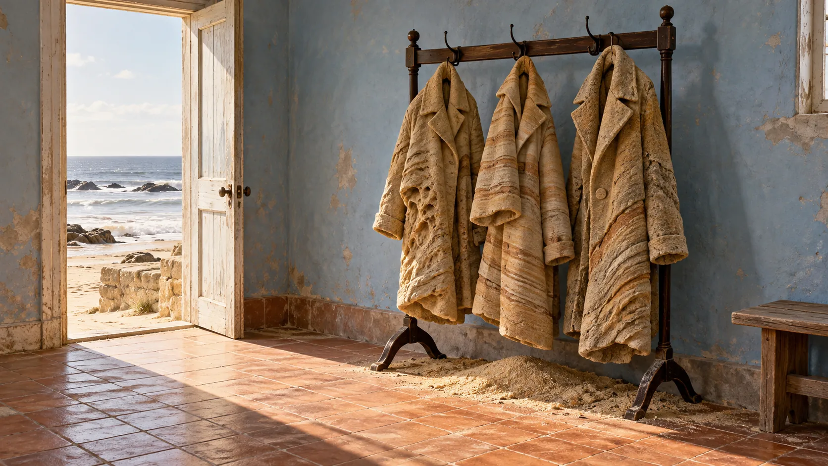 In a pale blue changing room open to the beach, three coats hang on a rack, each carved in banded sandstone, with a little sand drifting under them. Nobody is coming back for them soon.