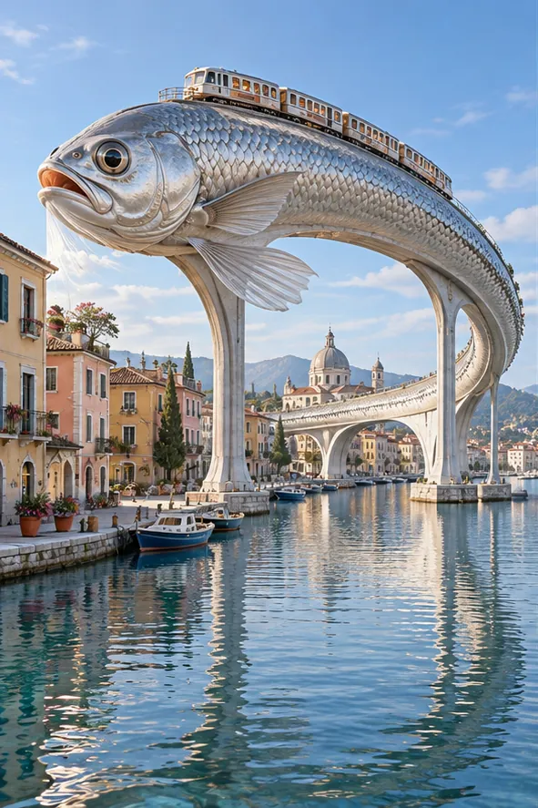 A giant silver fish arches over a harbour as a viaduct, with a train running along its back. Fresh service every hour.