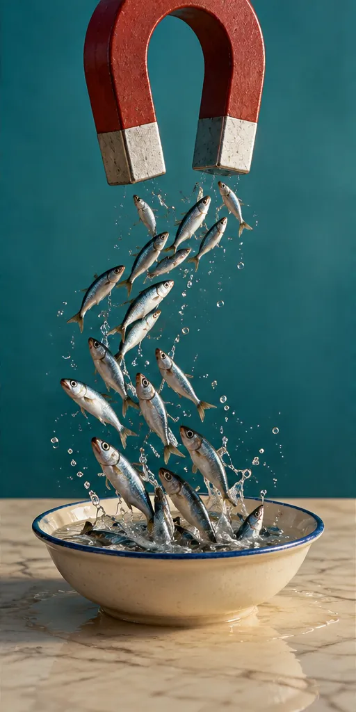 A red horseshoe magnet pulls a shoal of silver sardines up out of a bowl of water. Strong field, slightly fishy.