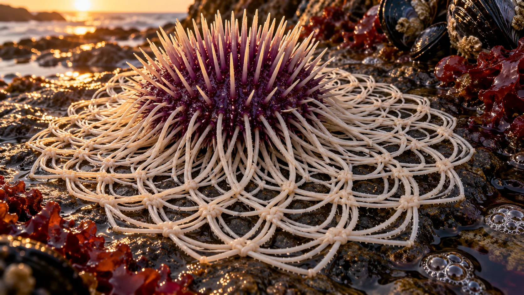 A purple sea urchin on a wet rock has spread a ring of ivory lace around itself, knotted in neat loops among the seaweed and mussels. The tide will want to borrow it.