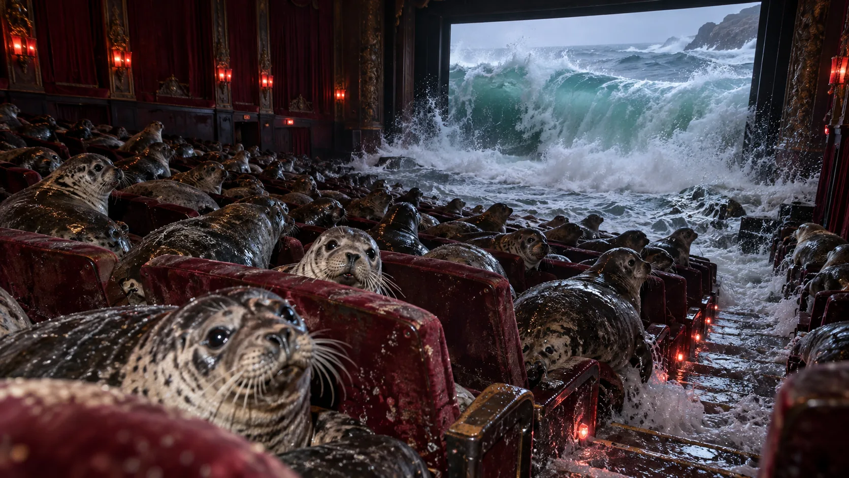 A cinema full of seals in red velvet seats, while the screen breaks open and real surf floods down the aisle. Best seats in the house are the wet ones.