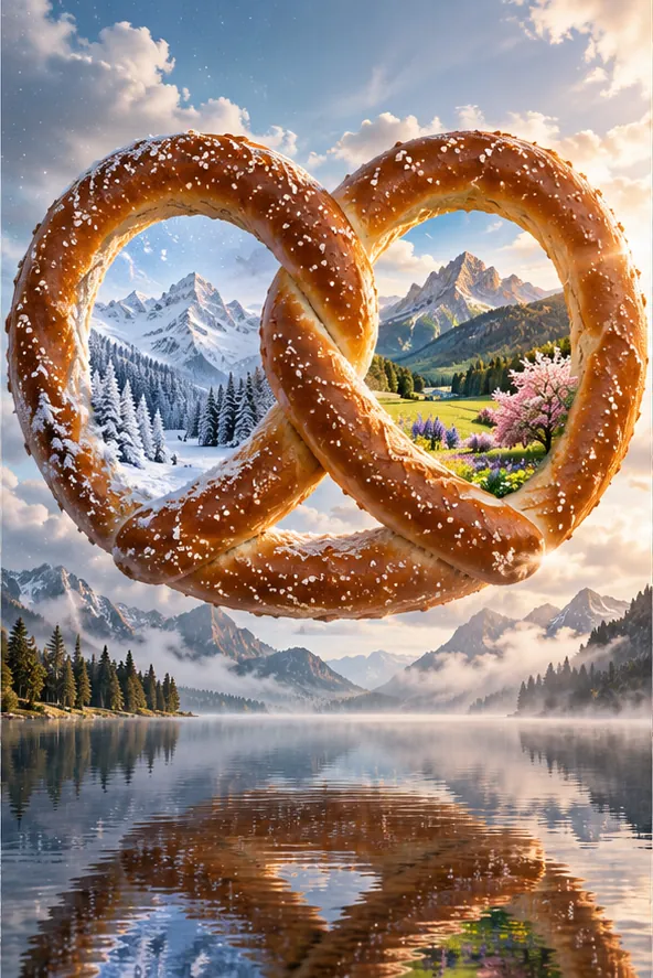 A giant pretzel floats over a mountain lake, one loop framing snowy peaks and the other a blossoming meadow.