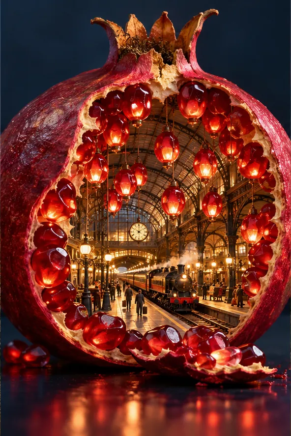 A halved pomegranate holds a grand railway station, its seeds hanging as glowing red lamps over the platforms.