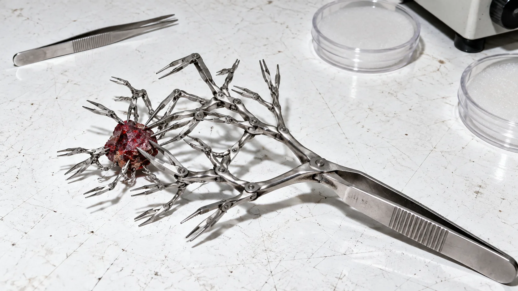 On a lab bench by some petri dishes, a pair of steel tweezers branches into dozens of smaller tweezers like a tree, all reaching for a red crystal. One pair was clearly not enough.
