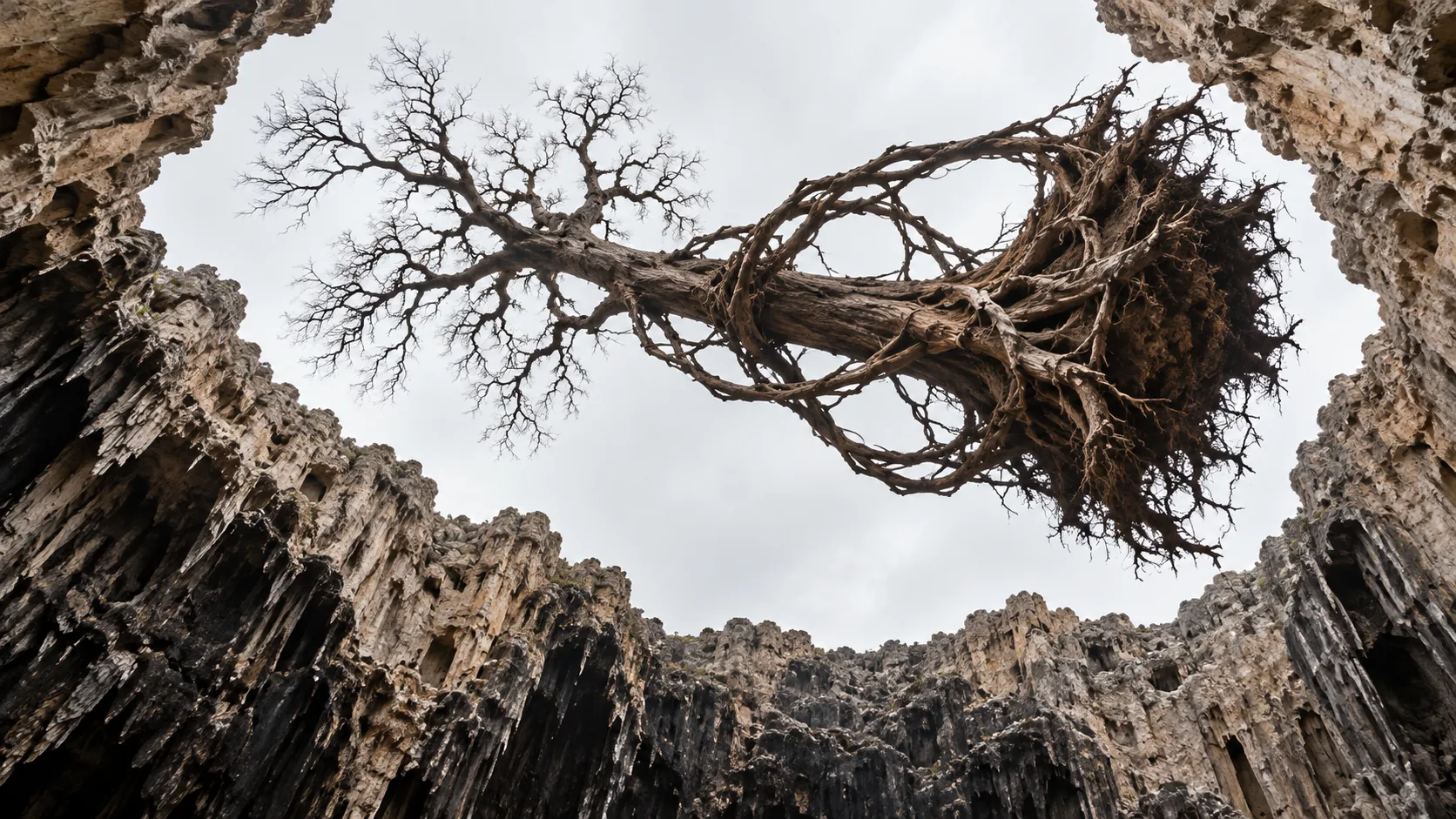 Looking up from the bottom of a deep sinkhole, a whole uprooted tree floats sideways across the open sky, roots and branches spread. It fell in and then thought better of it.
