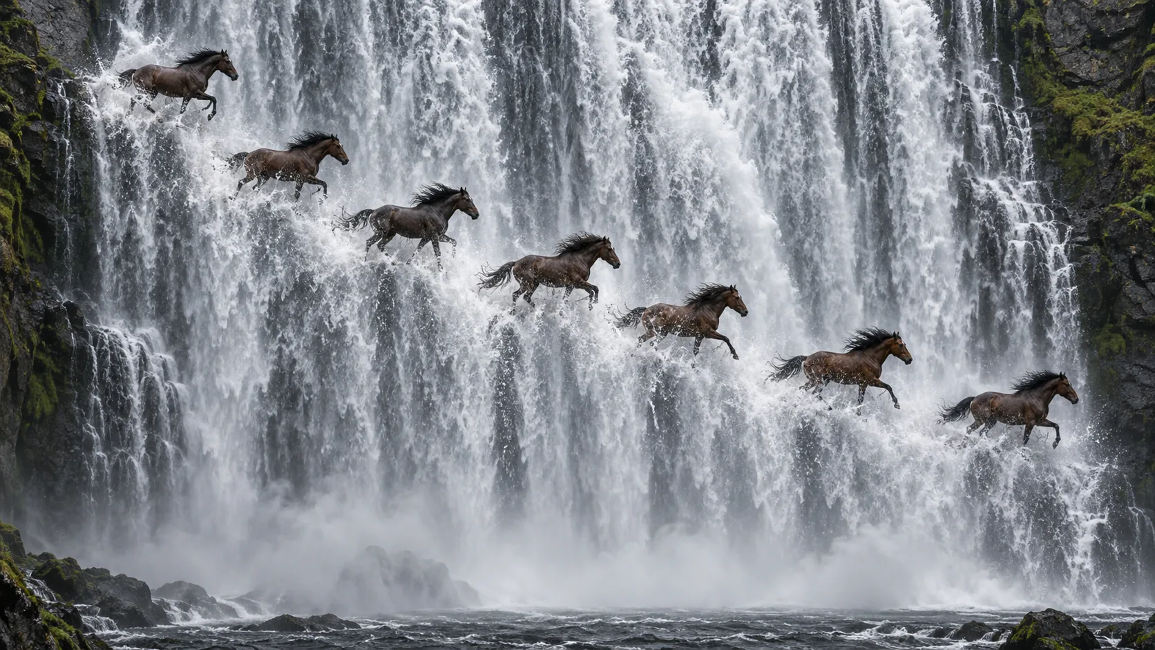 Seven dark horses gallop in a diagonal line down the face of a tall waterfall. They are not falling; they are commuting.