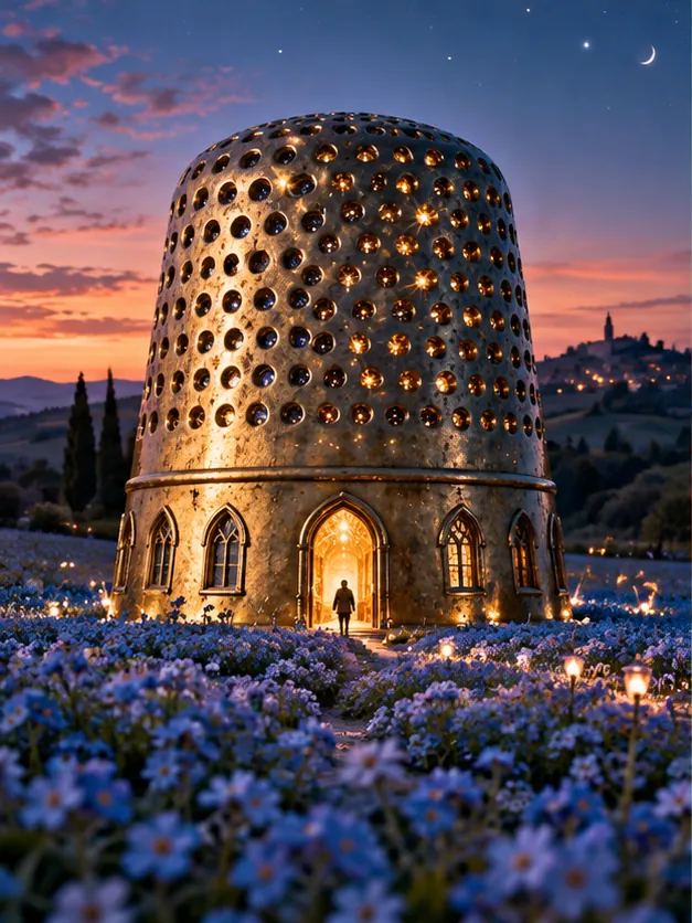 A giant golden thimble stands in a field of blue flowers at dusk, every hole glowing like a window. Someone is home.