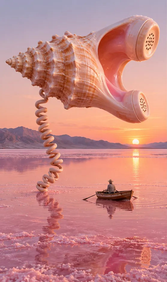 A conch shell made into a telephone receiver floats over a pink salt lake at sunset, its coiled cord trailing down to the water.