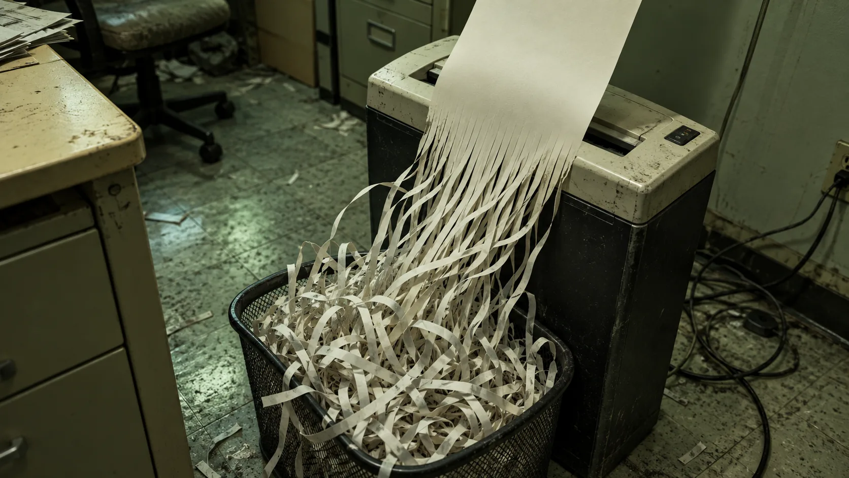 In a dim back office, strips of paper rise out of the basket into a shredder and come out of the top as one whole sheet. The memo is being unsent.