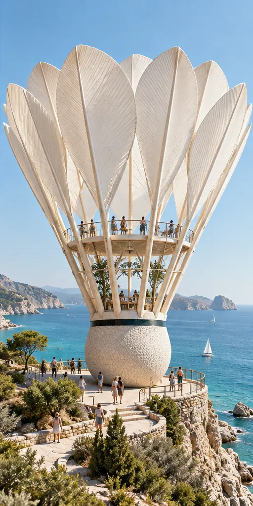 A giant shuttlecock stands on a seaside cliff as an observation tower, visitors leaning on the rail under its feathers.