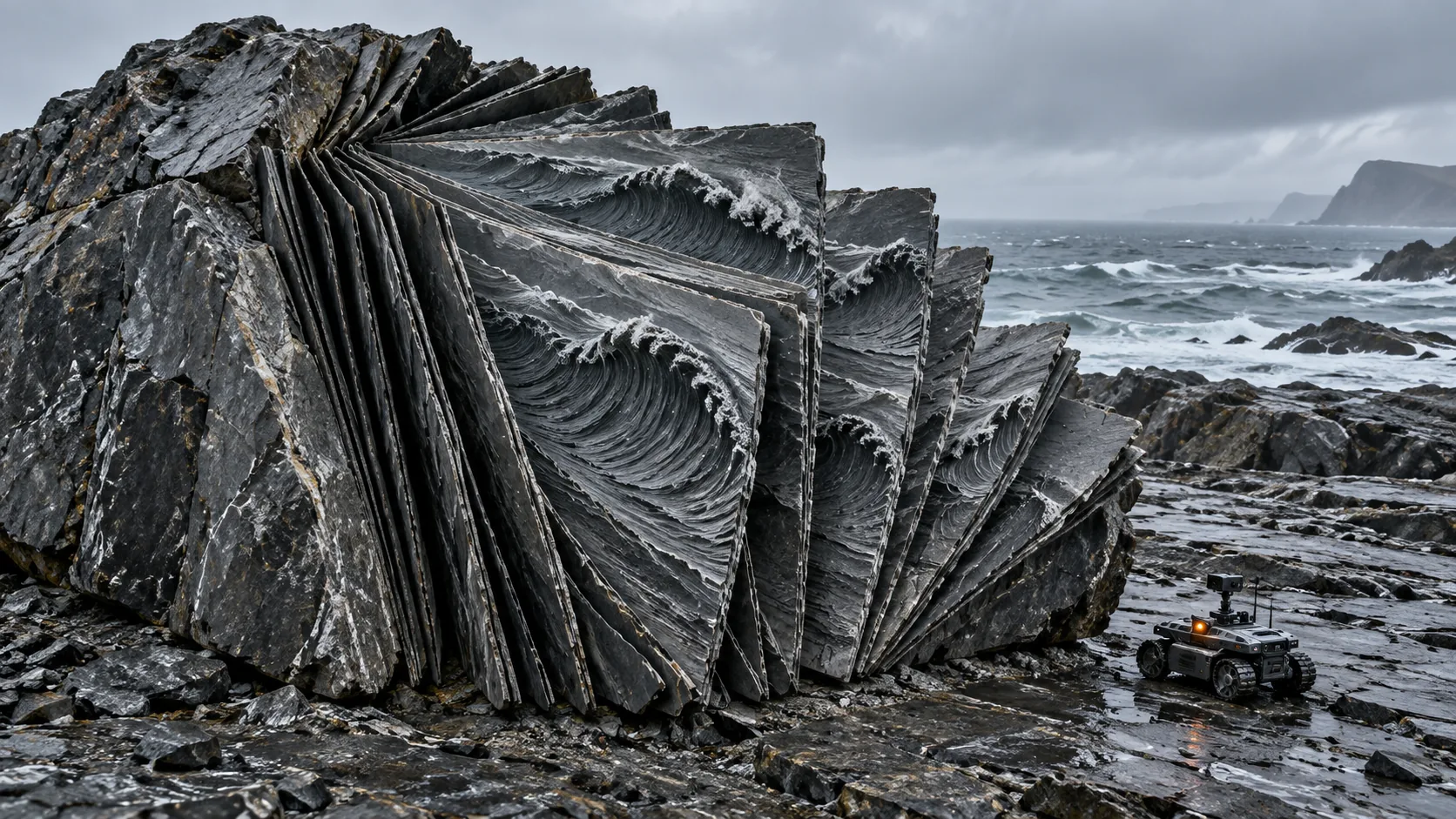 On a stormy rocky coast, a block of dark slate has split and fanned open like a book, every leaf carved with a breaking wave. A small camera rover is reading it.