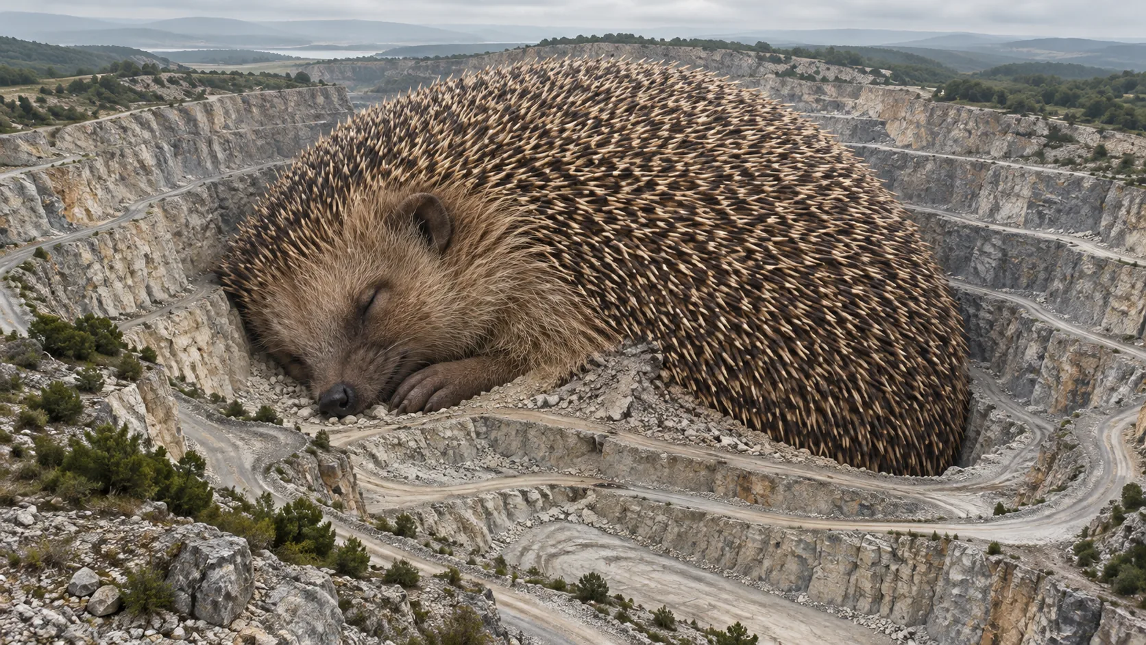 A hedgehog the size of a hill sleeps curled up inside the terraced bowl of an open-pit quarry, roads running around it. Work has stopped until spring.