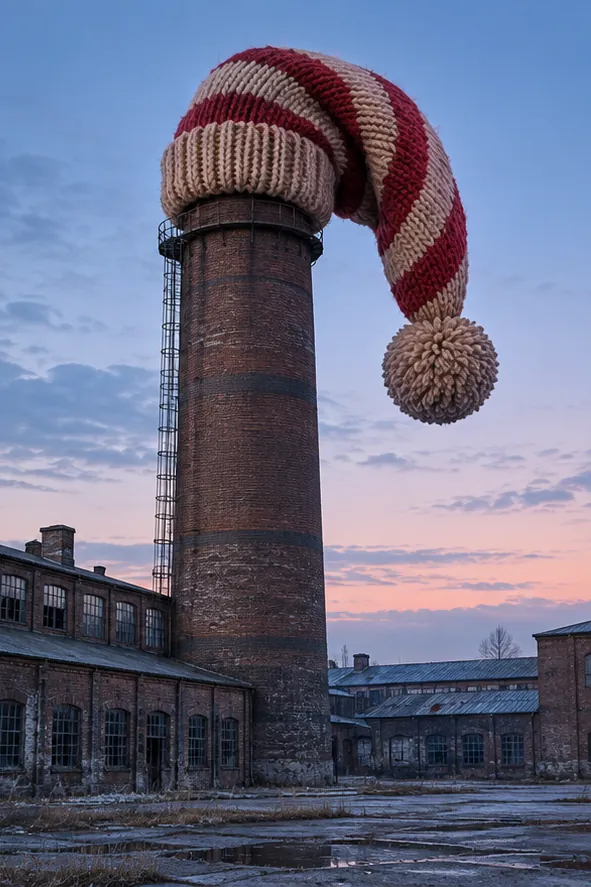 A tall brick factory chimney at dusk wears an enormous striped knitted bobble hat. The smoke has clocked off; the chimney is next.