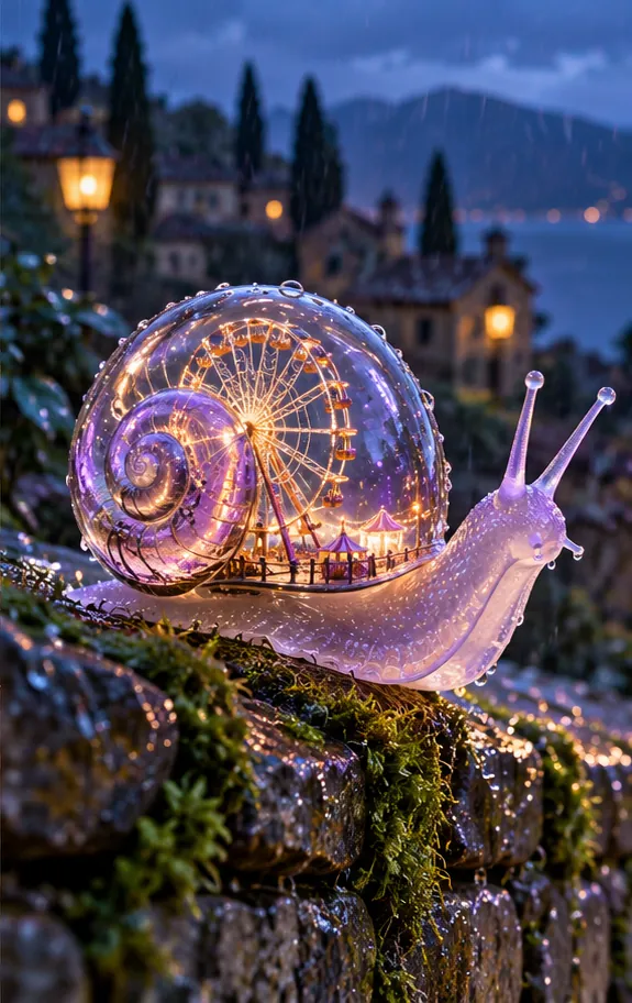 A glass snail carries a whole lit-up funfair in its shell, Ferris wheel and all, across a mossy wall at dusk.
