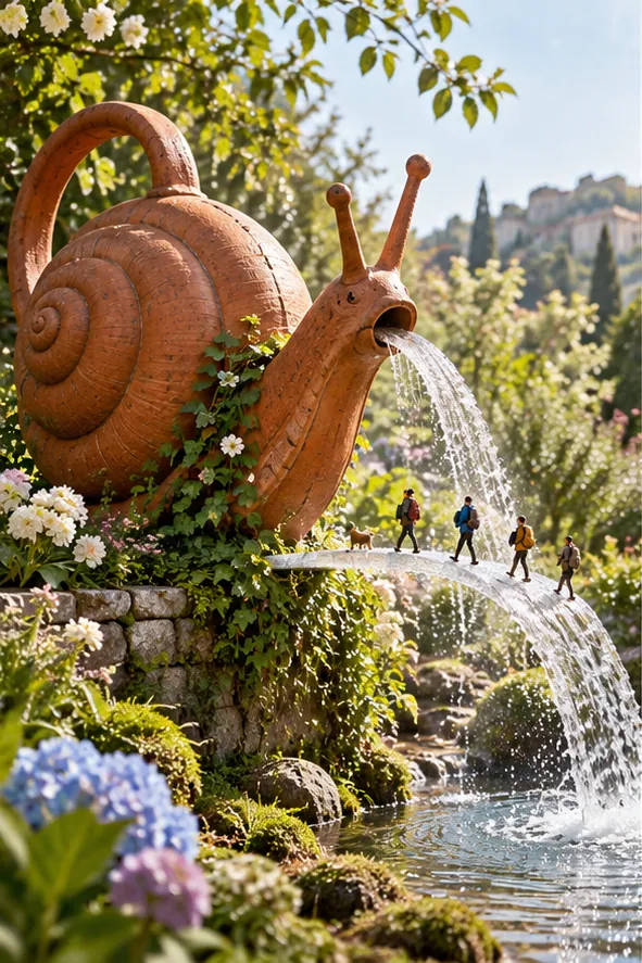 A terracotta snail-shaped fountain pours a waterfall down a garden wall, with tiny walkers crossing the ledge beneath it.