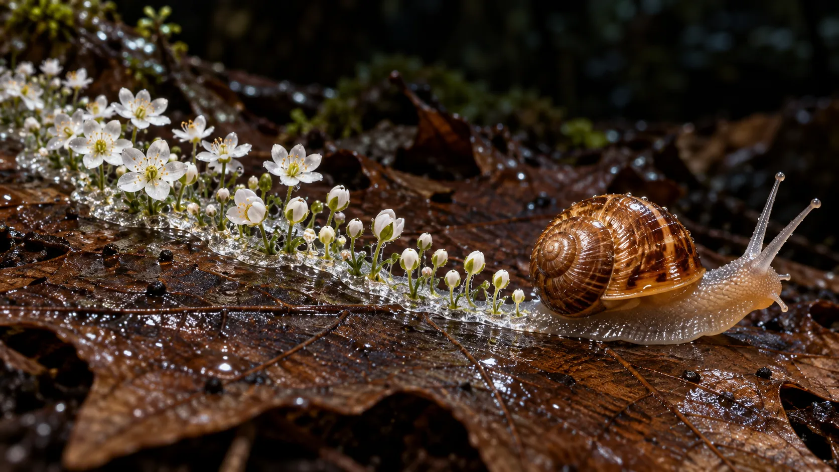 A snail crosses a wet brown autumn leaf, and the shiny trail behind it is sprouting a line of small white flowers. It is going at the speed of spring.