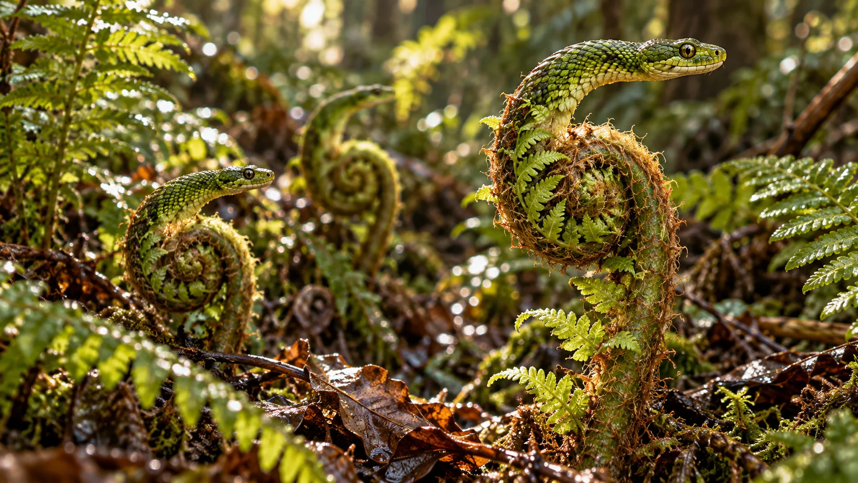 On a forest floor, young fern fronds unroll from tight coils, and each tip ends in the head of a green snake. Spring is going about it carefully.
