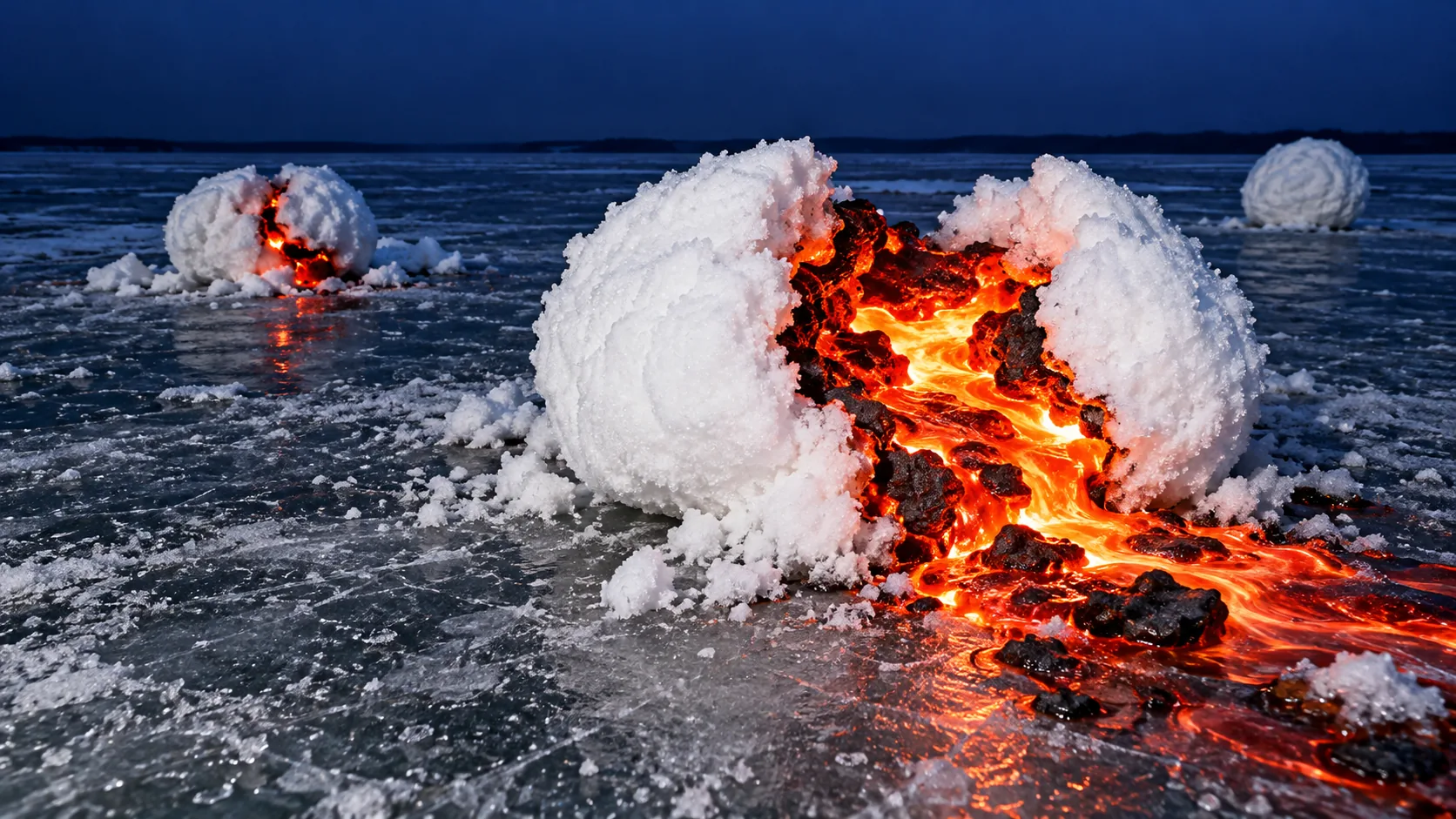 On a frozen lake at dusk, big snowballs have split open to show glowing molten lava inside, spilling across the ice. Nothing is melting.