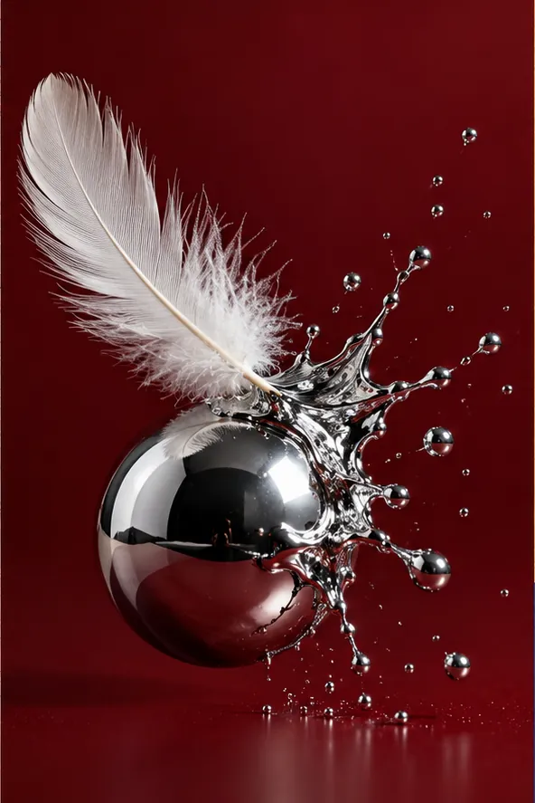 A white feather strikes a mirror-chrome ball on a deep red ground, and the chrome splashes like liquid metal.