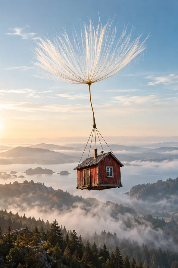 A little red cabin drifts over misty forests at sunrise, carried by a single dandelion seed.