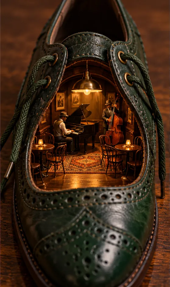 A green leather brogue opens onto a tiny jazz club, with a pianist, a bassist and candlelit tables inside the shoe.