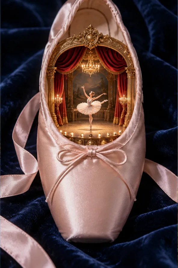 A pink ballet slipper on velvet opens onto a tiny opera house: red curtains, a chandelier and a dancer mid-pirouette.