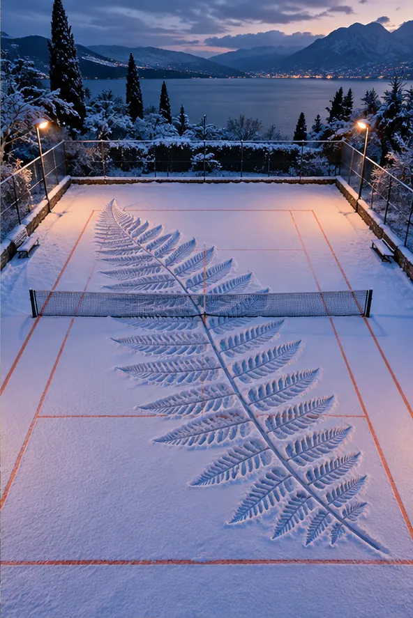 A snowy tennis court by a lake at dusk has one giant fern pressed into the snow across the net. Nobody remembers serving it.