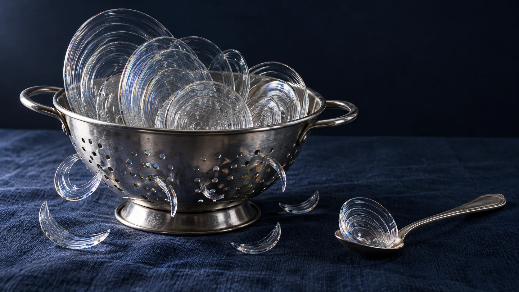 A steel colander on dark blue linen is heaped with clear glass ripples, like rings of sound, with a few spilled on the cloth and one held in a spoon. The quiet drained through the holes.
