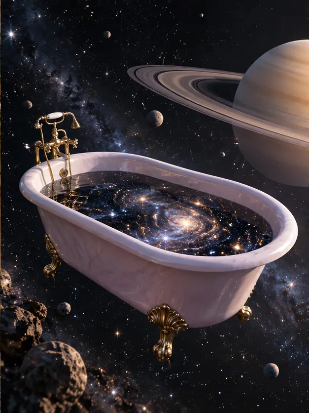 A clawfoot bathtub drifts through deep space, filled to the brim with a galaxy. Saturn is waiting its turn.