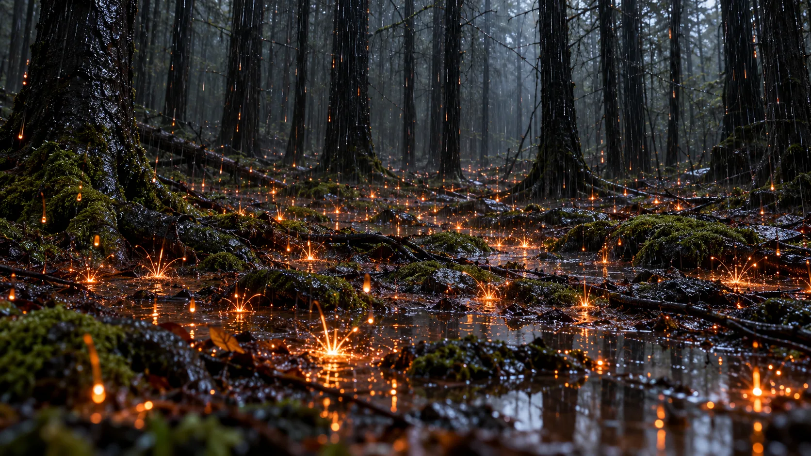In a dark wet forest, every raindrop lands on the moss and mud in a small burst of orange sparks. Nothing catches, which is the good news.