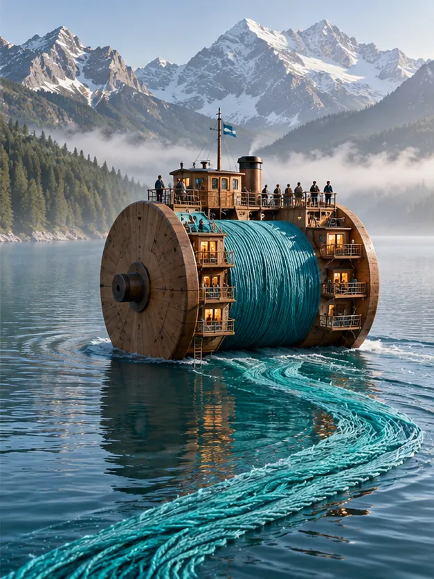 A wooden thread spool sails across an alpine lake as a ferry, unwinding a turquoise rope wake behind it.