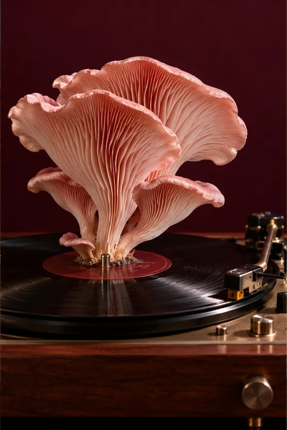 A cluster of pink oyster mushrooms grows out of the middle of a spinning record. The bass is very earthy.