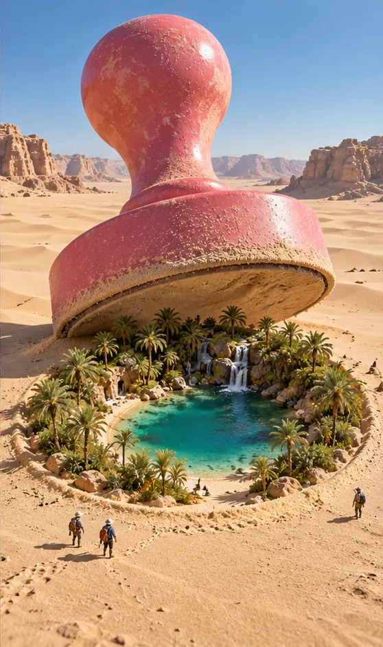 A giant pink rubber stamp lifts off the desert sand, leaving a perfect oasis of palms, a pool and a waterfall.