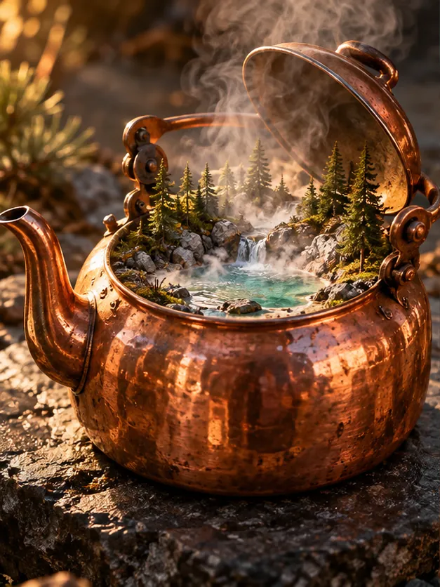 A copper kettle with its lid open holds a pine forest, rocks and a steaming hot spring. Bring a towel and a biscuit.