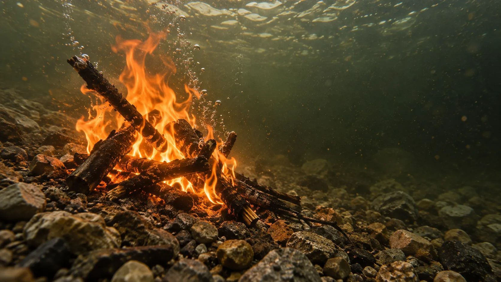 Underwater on a pebbly riverbed, a stack of logs burns with ordinary orange flames, bubbles rising past them. Nobody has told it.