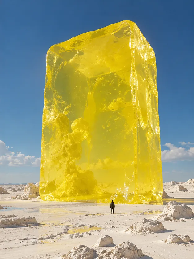 A translucent yellow monolith in the desert. Part sculpture, part dessert, entirely unnecessary.