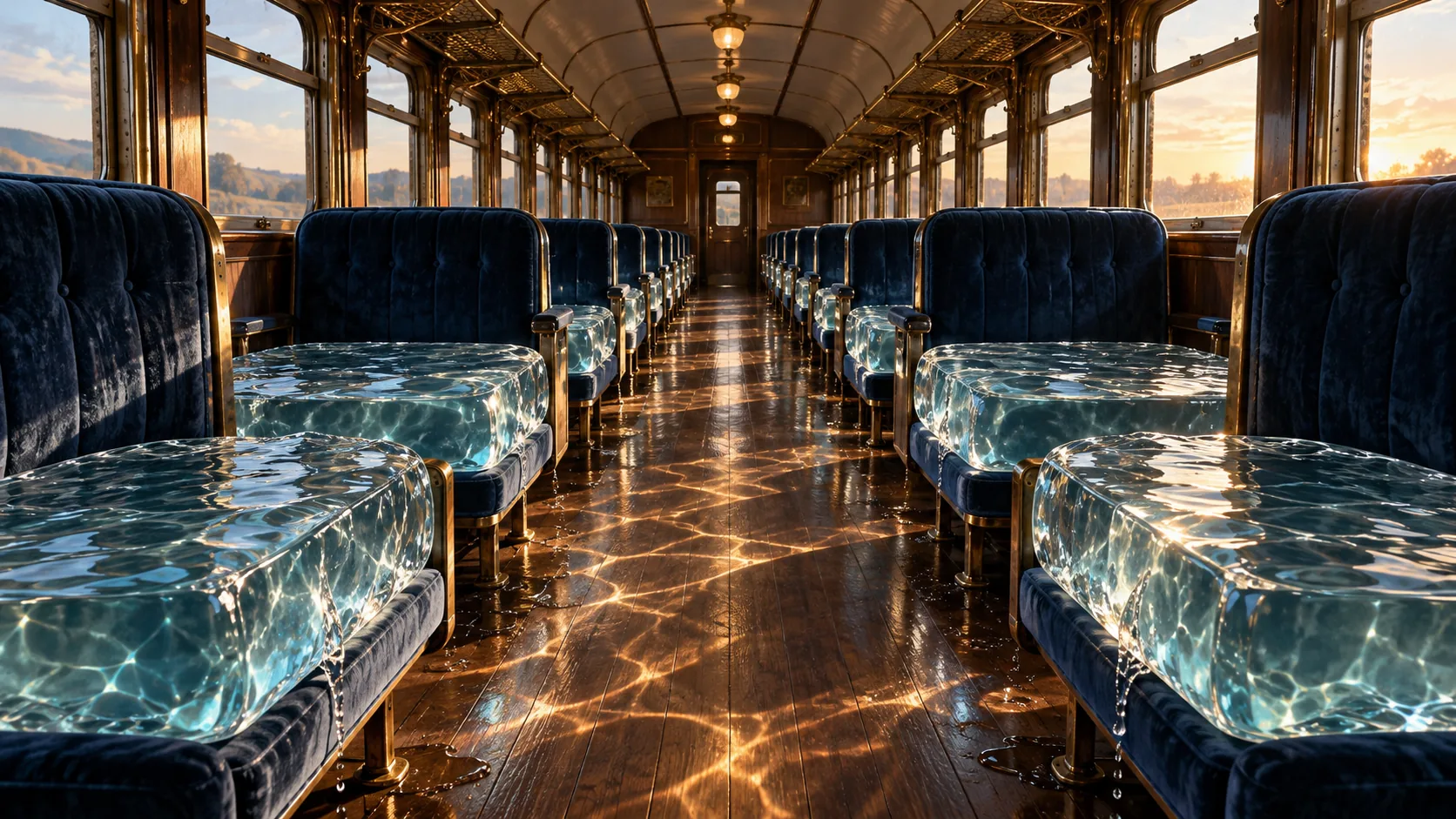 The seats of an old blue velvet railway carriage are clear blocks of rippling water, throwing light across the wooden floor. First class, sparkling.