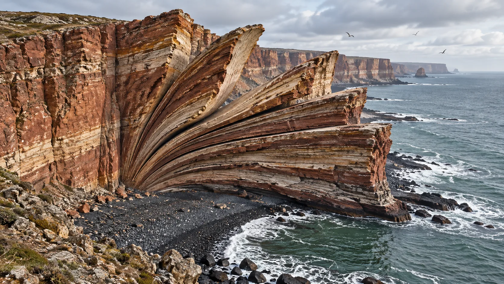 Above a black pebble beach, layered red sea cliffs fan out like the pages of a giant book being flicked through. The sea is reading over its shoulder.