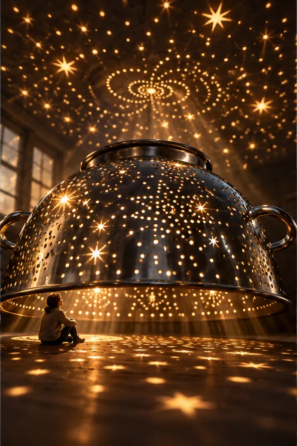 A metal colander lit from inside throws stars across a dark room while someone sits on the floor, watching.