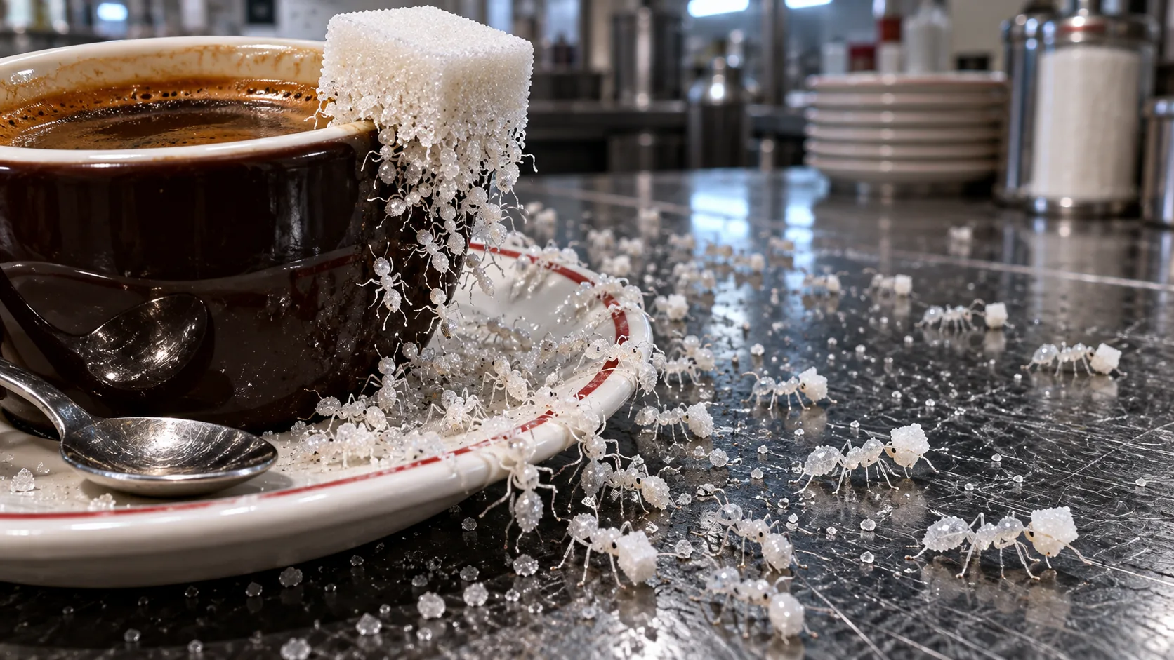 On a diner counter, a sugar cube perched on a cup of coffee is coming apart into tiny white ants made of sugar, marching away with crumbs of themselves. It didn’t want to be stirred in.