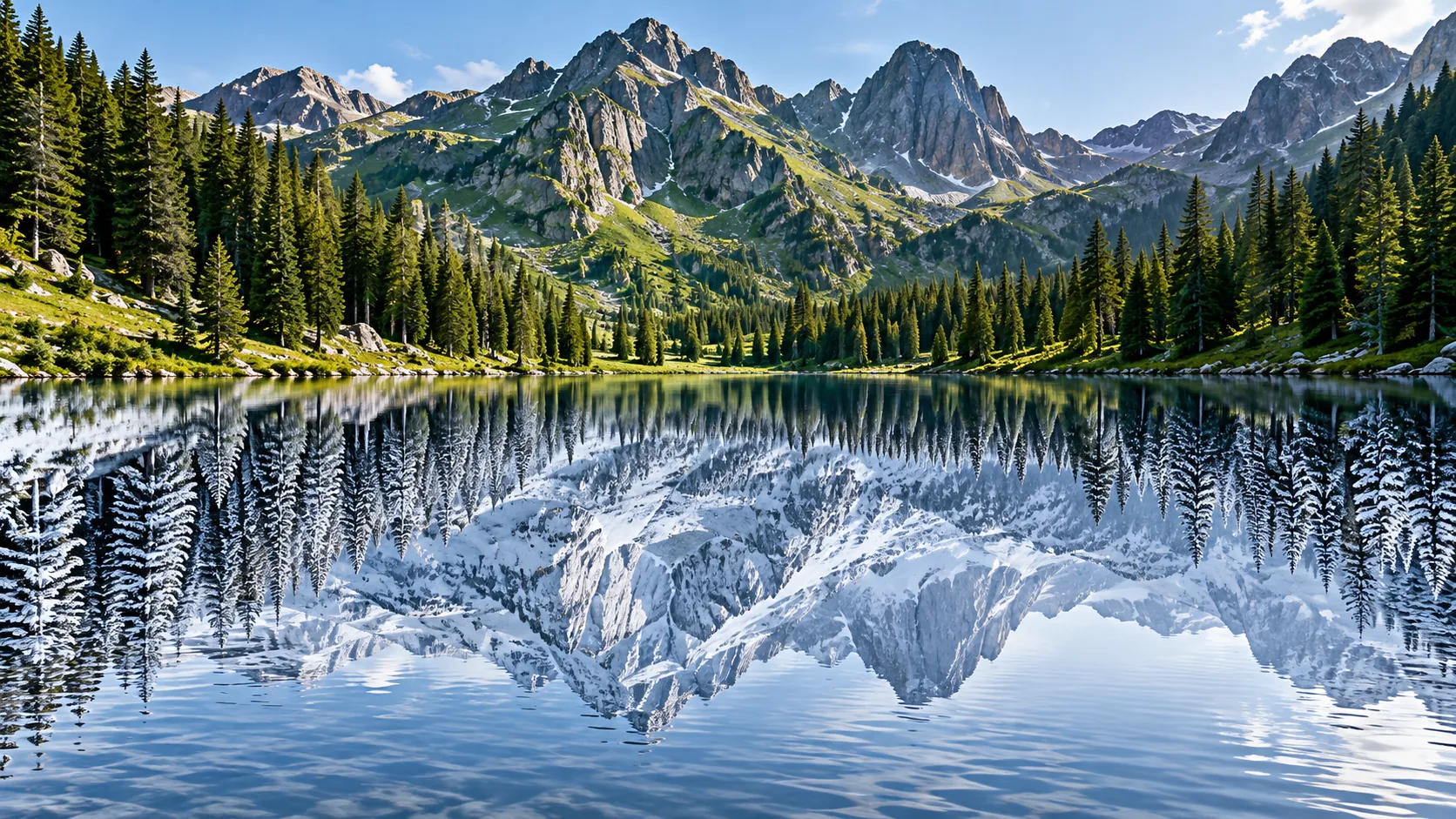 Green summer mountains and pine forest stand above a still lake, but their reflection in the water is deep in snow. One of them is lying about the date.