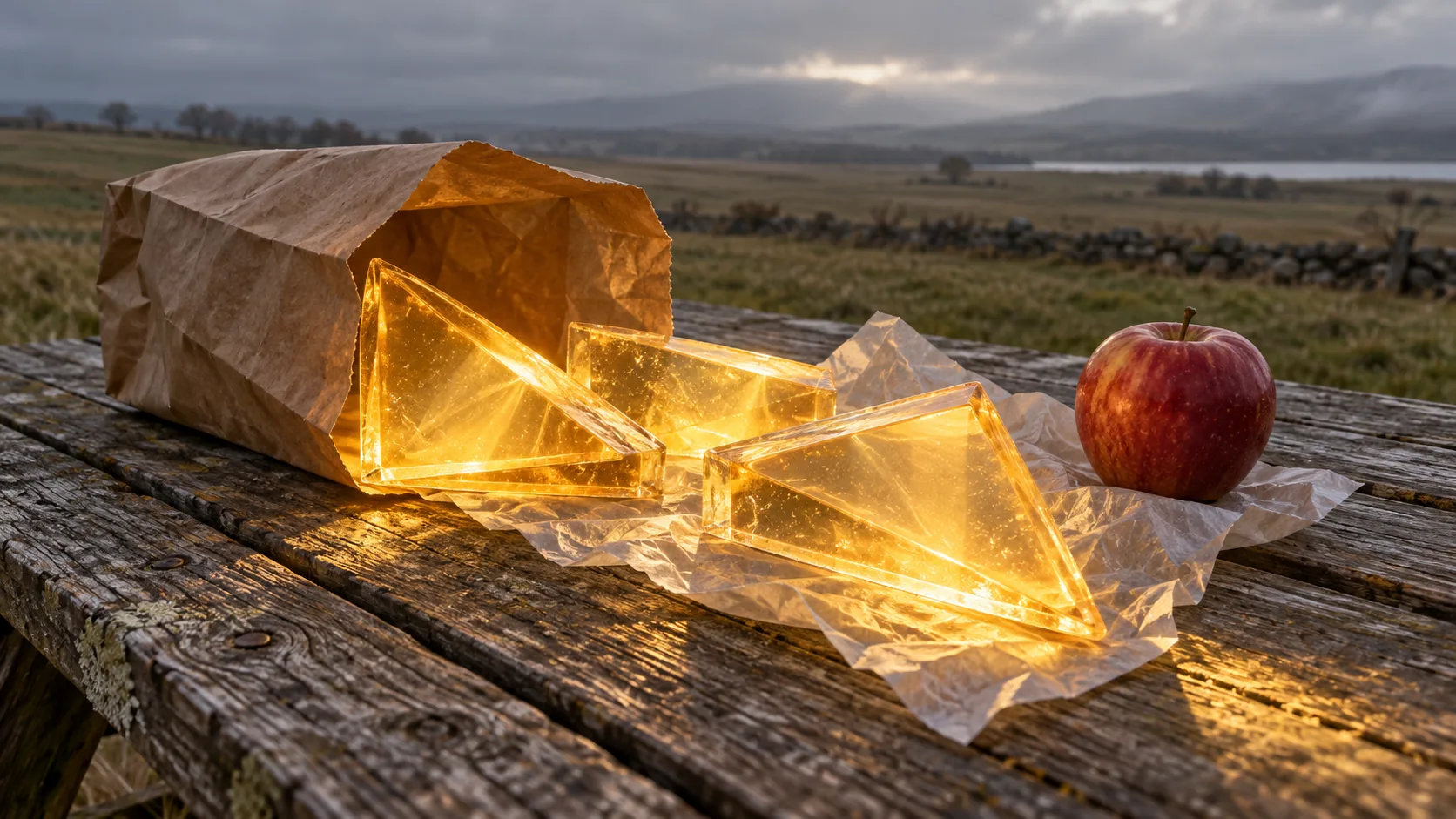 A paper bag on a weathered picnic table spills three glowing amber wedges, sandwiches made of light, beside an apple under a grey sky. The only warm thing on the moor.