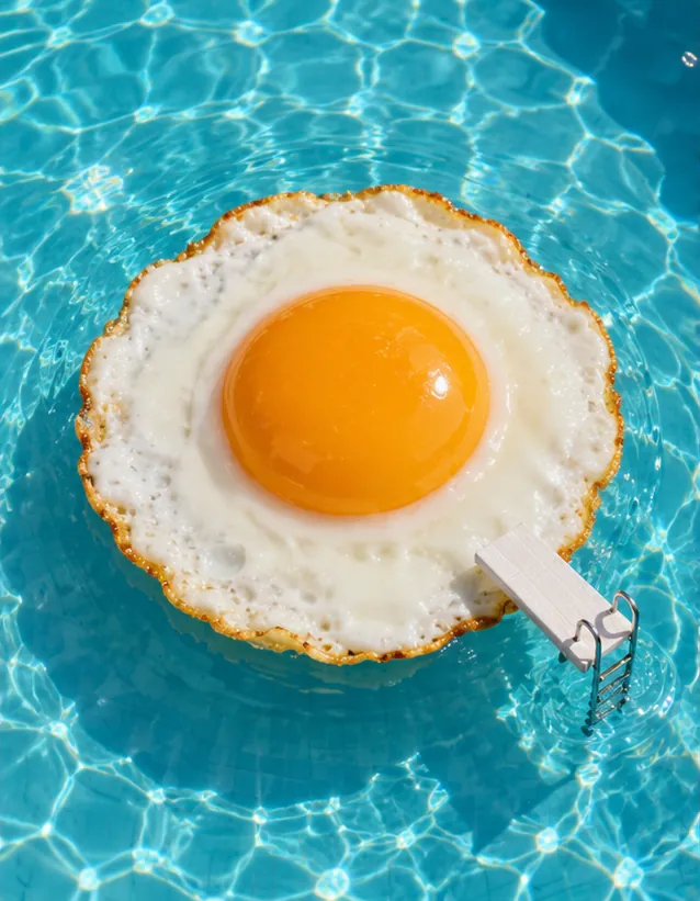A fried egg floats in a turquoise pool with its own ladder. The yolk is the deep end.