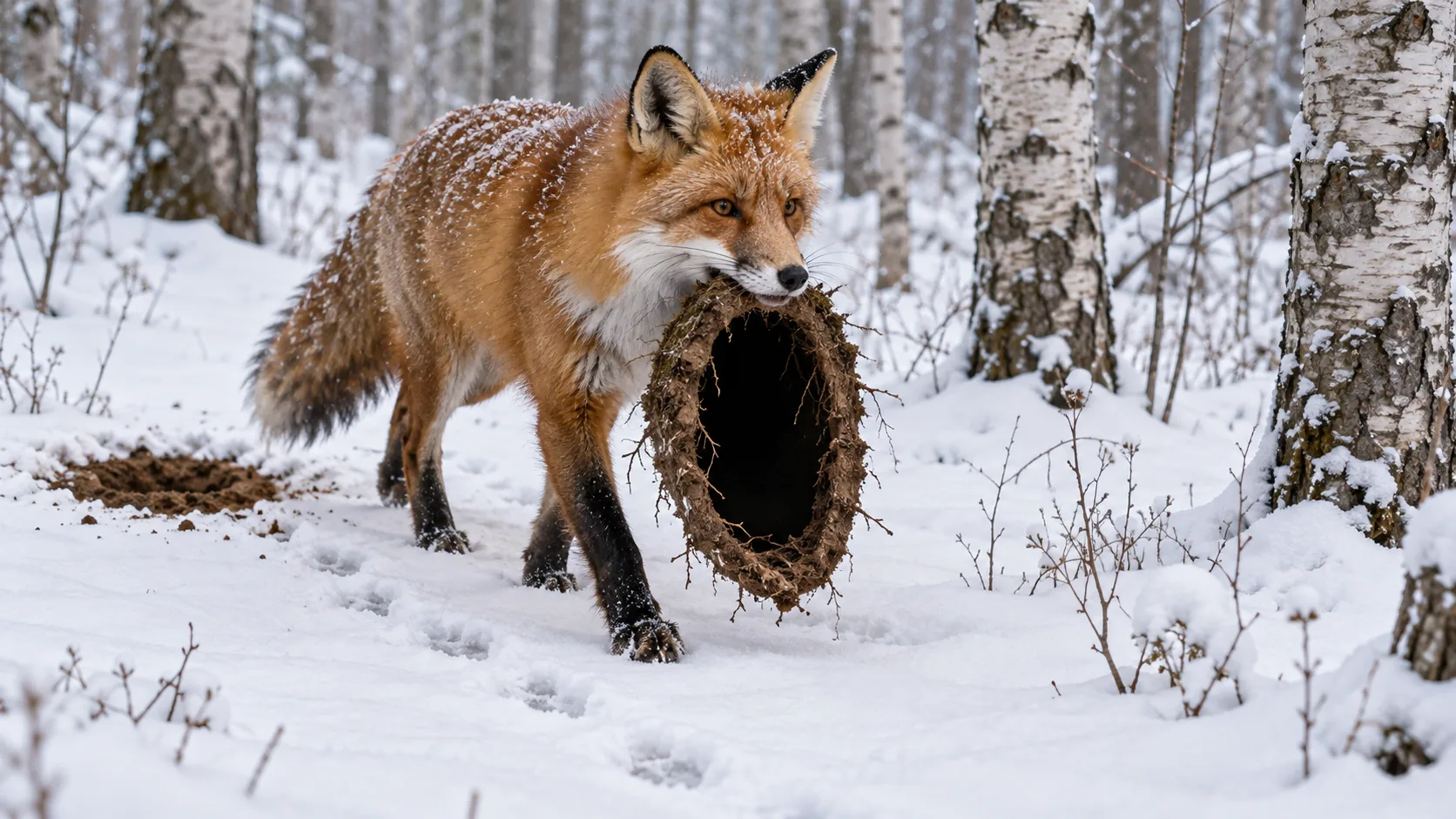 In a snowy birch wood, a red fox walks away carrying the entrance of its burrow in its mouth like a ring of earth, leaving a bare patch behind. Moving day was today.